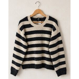 Bobeau Chenille Shine Stripe‎ Sweater Women Medium Ivory Black NWT Metallic Knit